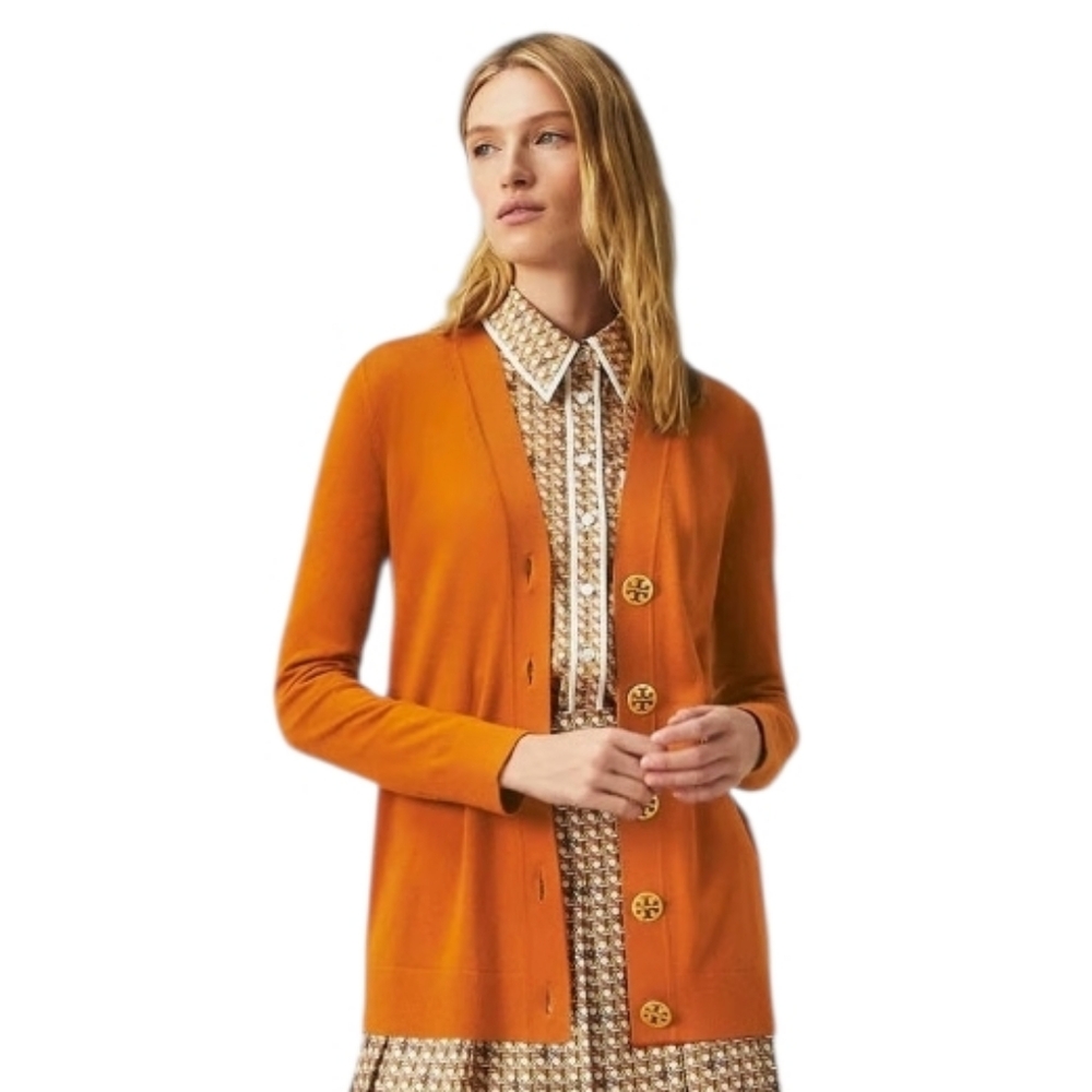 Tory Burch Simone Vneck Cardigan Burnt Orange Merino Wool Brass Monogram Buttons